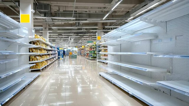 Empty supermarket shelves with harsh overhead lighting, highlighting scarcity and urgent restocking needs