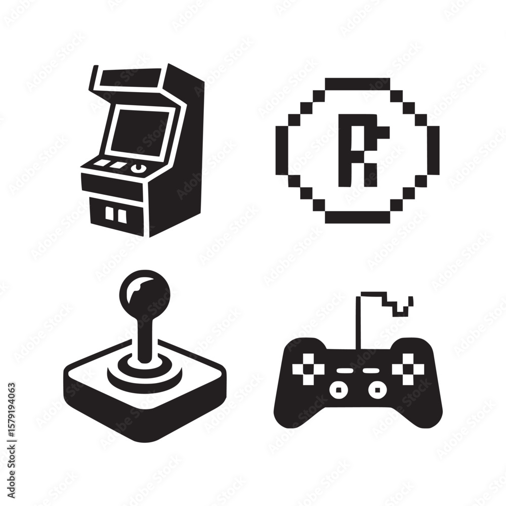 Poster a collection of four black and white gaming icons including an arcade game and two controllers