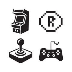 A collection of four black and white gaming icons including an arcade game and two controllers