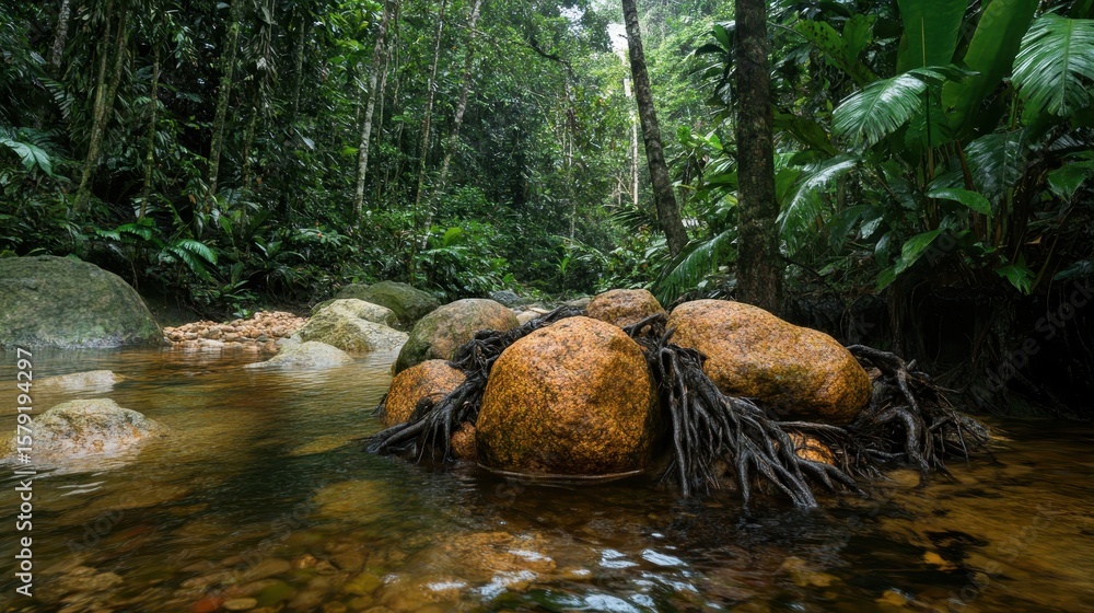 Poster tranquil forest stream with stones and root structures in nature