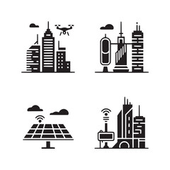 Obraz premium Four black and white icons depicting smart city technology and infrastructure on a white background