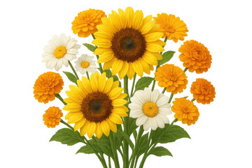 Fototapeta premium Bright sunflowers, daisies, and marigolds arranged on a transparent background, showcasing vivid colors and detailed textures