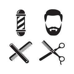 A collection of barber shop elements including a pole, beard, combs, and scissors in black and white