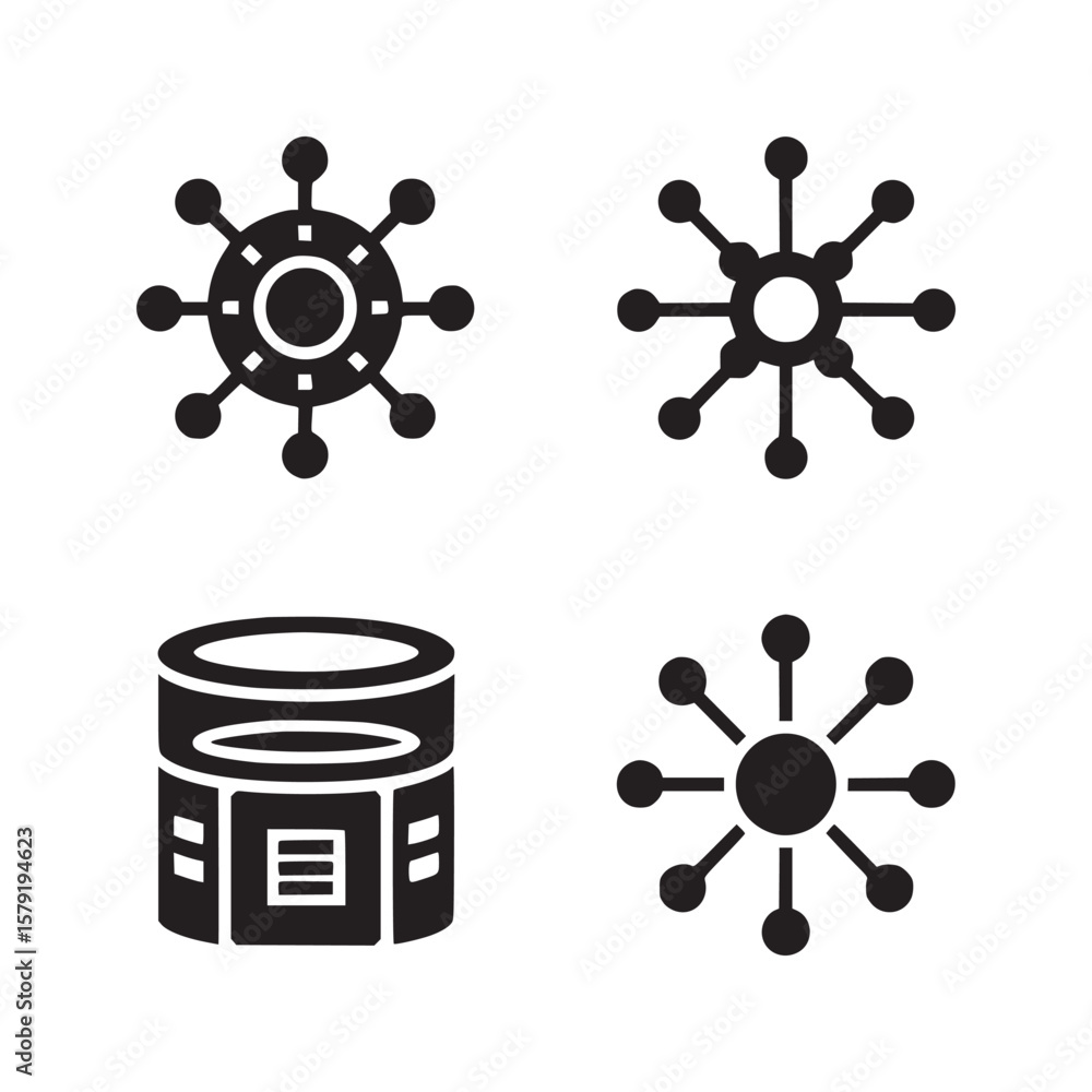 Poster illustration of four distinct black and white icons including a database and network icons