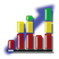 Colorful 3D bar chart graph with upward arrow representing business growth and success. Ideal for finance, data analytics, or economic presentations.
