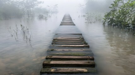 Fototapeta premium Tranquil Pathway in Misty Landscape Over Calm Water Surface
