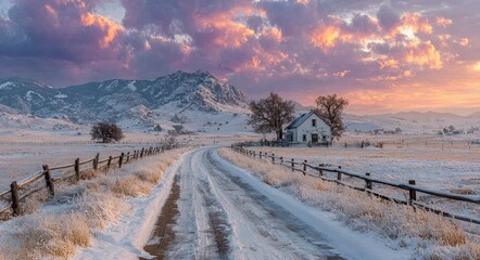 Snow-covered country road with wooden fence, sunset