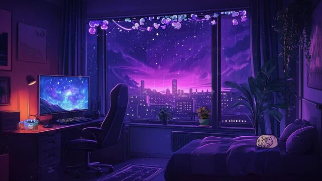 Seamless animated background ideal for use in video production, presentations, websites, and motion graphics. Loopable, stream twitch decor, Cozy lofi Gamer Room, rain, stream overlay