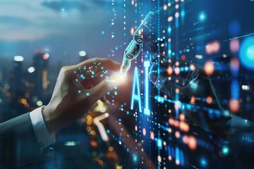 Futuristic human hands interact with AI