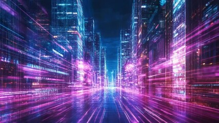 A futuristic city street at night, depicted with vibrant pink and blue neon lights streaking across the buildings and the road, creating a sense of speed and digital energy.  - Powered by Adobe