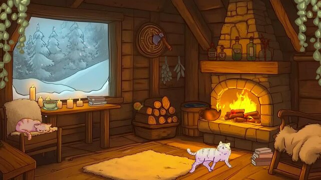 Seamless animated background ideal for use in video production, presentations, websites, and motion graphics. Loopable, stream twitch decor, Winter Cabin