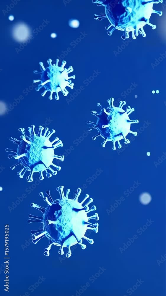 Poster microscopic rendering of blue virus particles floating in a blue fluid environment for use in diseas
