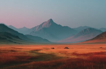 Flat endless grassland with pale pink-orange tones
