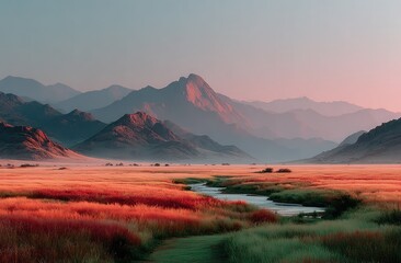 Flat endless grassland with pale pink-orange tones