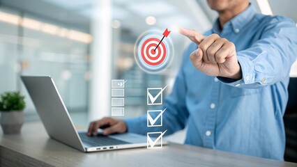 Businessman Selecting Target with Laptop in Modern Office Setting