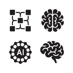Four black icons representing artificial intelligence, neural networks, and human brains on white