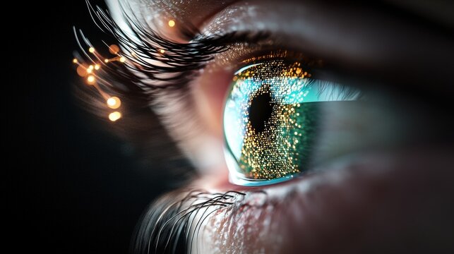 Eye Data Visualization Human eye interacting with streams of binary code and glowing holograms, showcasing digital transformation and machine learning.