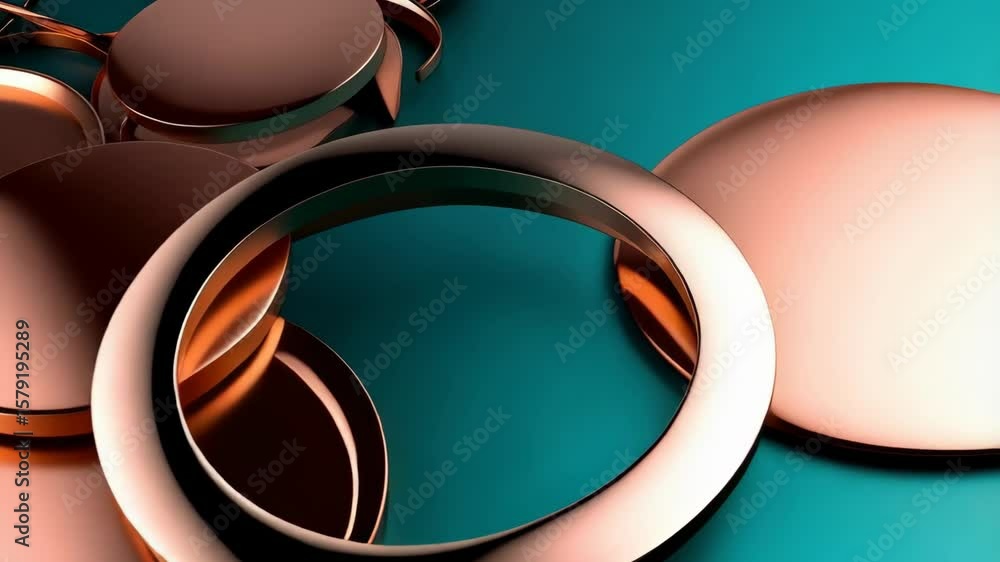 Poster arrangement of shiny copper disks and rings on a teal backdrop, creating a modern geometric pattern.