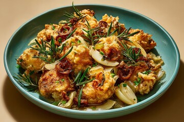 Fototapeta premium Fenek moqli, fried rabbit pieces in blue bowl. Golden-brown rabbit topped with herbs. Concept of warm, inviting dish highlighting fenek moqli and fried rabbit pieces.
