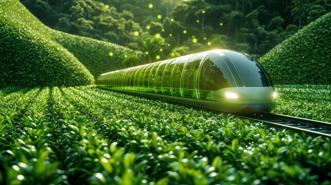 Train Environmental Sustainability A hyperloop train gliding through lush green landscapes, symbolizing eco friendly transportation powered by renewable energy sources.