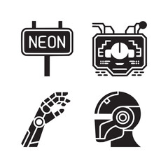 Black silhouette icons showing a neon sign a monitor a robotic arm and a cyborg head profile view