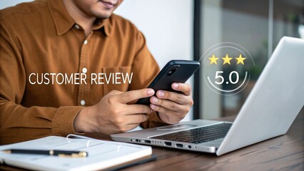 Customer Review Process with Perfect 5.0 Rating on Smartphone