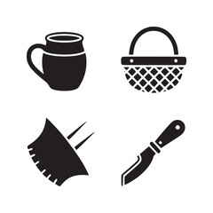 A collection of black and white icons featuring a mug, basket, tool, and a knife on a white background