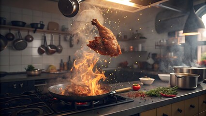 Flying Chicken Leg Cooking in a Modern Kitchen with Flames