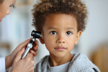 Young boy receiving ear examination with medical equipment in a bright healthcare setting