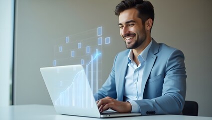 Businessman Smiling While Working on Laptop with Graph Graphics