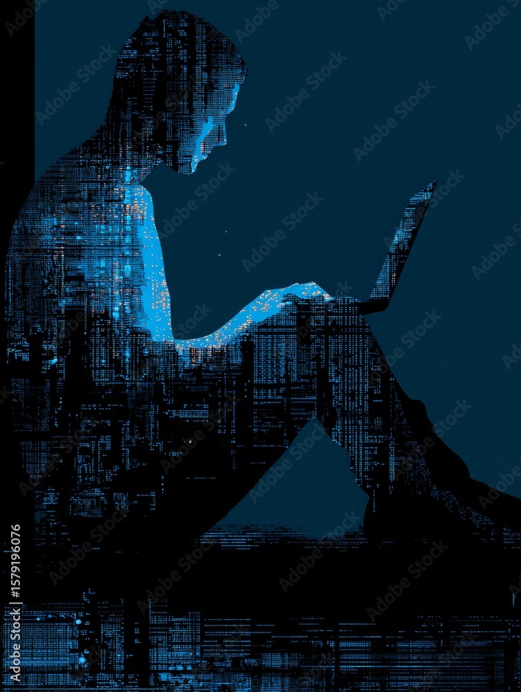 Aufkleber Programmer Silhouette in Cyberspace Working with Laptop Surrounded by a Digital Environment and Abstract Data Patterns
