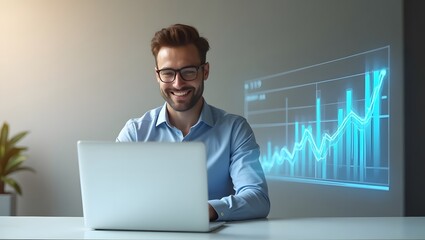 Young Professional Analyzing Growth Trends with Laptop at Office