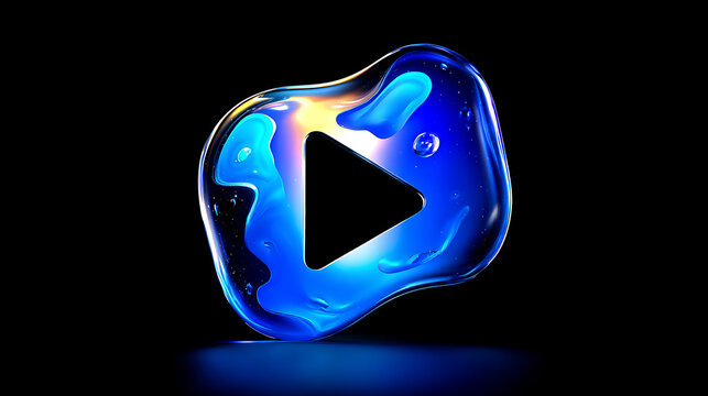 Abstract Play Button Icon in Blue Liquid with Bubbles on Black