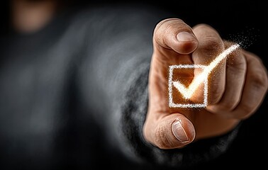 Businessman touching virtual checkmark on touch screen with hologram, hand pointing, showing quality service, blurred background with copy space.