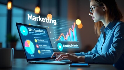 Young woman working on marketing strategies with data analytics