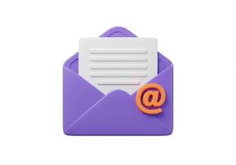 Purple envelope with a white letter and an orange at symbol isolated on white background