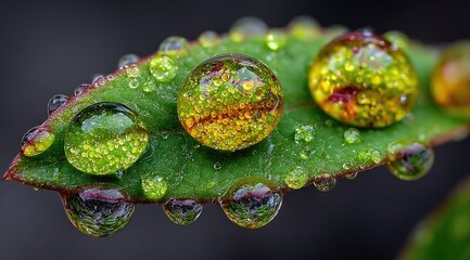 Close - up of water droplets on green leaf edge with gray background