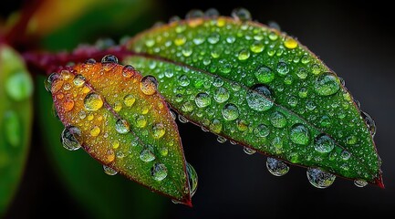 High - detail close - up of water on green leaf edge against gray backdrop, great for stock.