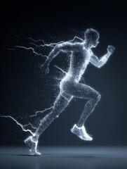 Fototapeta premium Dynamic Runner Silhouette with Lightning Bolts Creating Energetic Trails and Dramatic Motion Effects in Dark Background