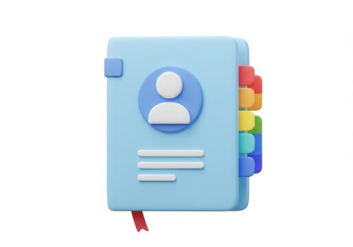 Stylized 3d address book with rainbow tabs and user icon isolated on white background