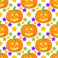 Vector repeating seamless pattern with scary smiling halloween pumpkins on white background, emotional pumpkins, repeatable and printable texture, happy halloween, trick or treat wallpaper