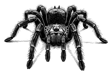 Detailed Tarantula Front View Engraving Style Black and White Outline Line Art Drawing Vintage Spider