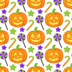 Vector Outline Style Scary Smiling Halloween pumpkins. Backdrop pumpkin repeatable and printable texture Happy Halloween Trick or Treat Wallpaper.