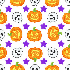 Vector Repeating Seamless Pattern with Scary Smiling Pumpkins, Skulls on White Background, Printable Texture, Happy Halloween, Trick or Treat Wallpaper, Wrapping Paper