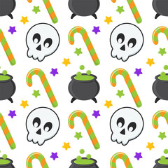 Seamless Pattern - Spooky and Cute Seamless Patterns with Skull, Potion Cauldron and Trick or Treat Elements for Halloween