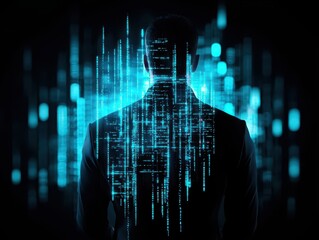 Business portrait digital concept. Silhouette of a person with a digital data overlay against a dark background.