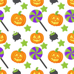 Seamless pattern with pumpkins and layers. Scary smiley background on Halloween theme. Funny cartoon wallpaper or printable template on October holidays theme.