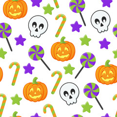 Vector repeating seamless pattern with scary smiling halloween pumpkins on white background, emotional pumpkins, repeatable and printable texture, happy halloween, trick or treat wallpaper