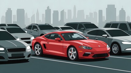 A red sports car in a parking lot