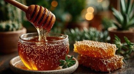 Amber honey dripping from wooden spoon, natural light, blurred green plants in background.